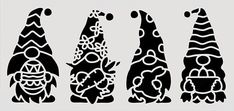 three black and white silhouettes of gnomes