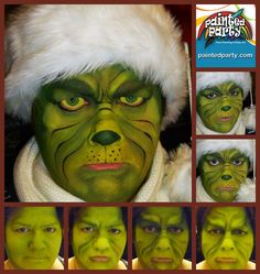 Grinch Design by Denise Cold of Painted Party Face Painting www.PaintedParty.com done in Green, Yellow & Pink Starblends Whoville Costumes, Seussical Costumes, Grinch Design, Bus Ideas, Kids Face Paint