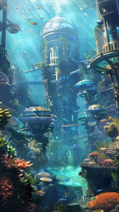 the underwater city is surrounded by fish and corals