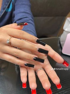 All Black Nails With Red Under, Black Nails With Under Color, Black Nails With Color Underneath, Black Jumpsuit With Red Blazer, Short Black Red Bottom Nails, Pink Black And Red Nails, Short Black Nails With Red Bottoms, Black Nails With Red Inside, Black With Red Underneath Nails