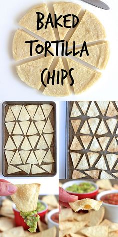 homemade tortilla chips with text overlay that says baked tortilla chips