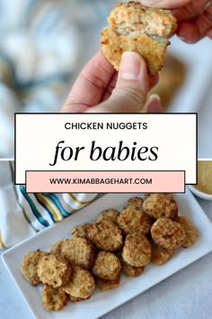 chicken nuggets for babies on a white plate with text overlay that reads chicken nuggets for babies