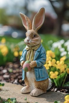 a statue of a rabbit holding an easter egg in its mouth and wearing a blue coat