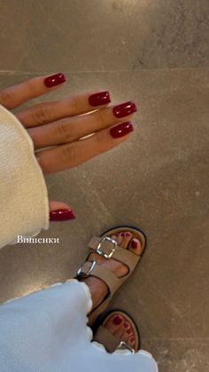 Nail Inspo Trendy Square, Squoval Red Nails, Red Chrome Nails Square, Square Oval Red Nails, Coloured Manicure, Heart Design On Nails, Red Short Nails Acrylic, Red Nails And Toes Matching, Shorts Nails Idea