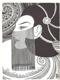 a black and white drawing of a woman's head with swirls on it