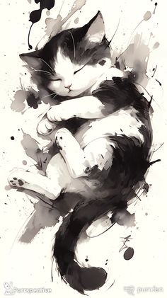 a black and white drawing of a cat sleeping on its back with it's eyes closed