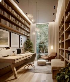 a home office with lots of bookshelves and furniture