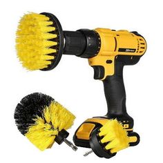 two yellow and black brush attachments with one holding a screwdriver on it