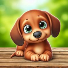 a cartoon dog with big eyes sitting on a wooden table