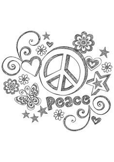 a peace sign surrounded by flowers and hearts with stars on the side, in black and white