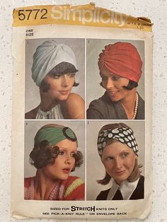 This is a Simplicity pattern for a Set of Turbans - One Size (Sized for Stretch Knits Only): Gathered turban V. 1 with band has self fabric knot slipped through openings. Gathered turban V. 2 has elastic in back. Half turban V. 3 is trimmed with knot. Half turban V. 4 is trimmed with a buckle. Pattern is CUT and complete  Loc VA  NOTE: We acquire our patterns from the used marketplace. Pattern pieces, instructions, and envelopes can be in a variety of conditions. We do our best to describe the c Chignon Bun, Crafts Sewing Patterns, Vintage 1973, Hair Turban, Turban Style, Hair Wraps, Turban Headbands, Simplicity Patterns, Turbans