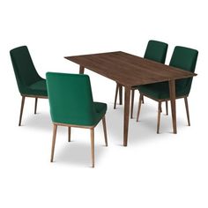 a wooden table with green chairs around it