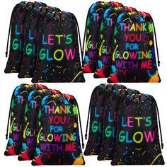 six backpacks with the words let's glow for me written on them in different colors