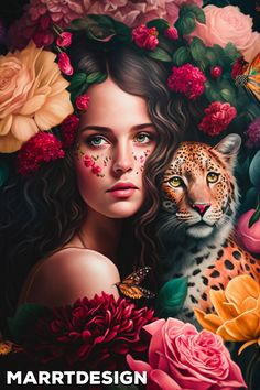 a painting of a woman with flowers and a leopard in front of her is the words artdesign