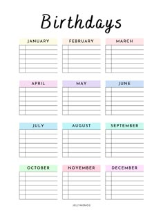 Colorful birthday calendar. Boxes for each month with lines to write name and birthdate. Birthdays written at the top in large script font Birthday To Do List Things To Do, Birthday Organization Ideas, Planning Calendar Printable, Birthday List Printable, Birthday List Template, Birthday List For Classroom, Month Tracker