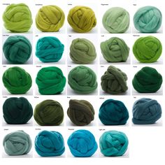 different colors of yarn are shown in this image, including green and blue tones on the top