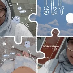 a collage of photos with the words sky written in white and an image of a woman wearing glasses