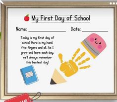 the first day of school certificate is shown with an apple and handprint on it