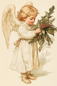 an angel holding holly leaves and berries