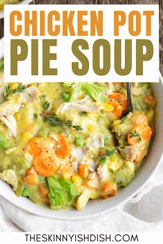 chicken pot pie soup in a white bowl