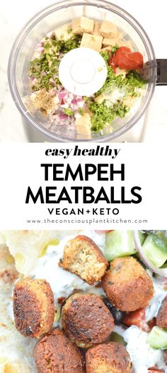 an image of meatballs in a food processor with the words easy healthy tempeh meatballs vegan keto