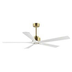 a ceiling fan with two white blades on the top and one gold blade on the bottom