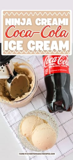 an ice cream dessert is in a glass bowl and next to a bottle of coca cola