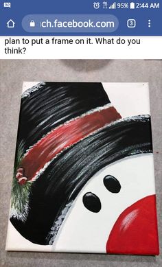 a painting of a snowman wearing a black hat and red nose with white background