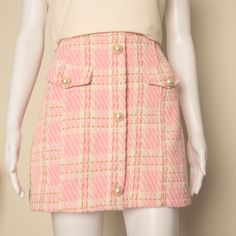 Brand New, Never Worn. Measurements Were Taken Laying Flat 15” Length, Hips: 19” Waist: 15 1/2” Pink Tweed Skirt For Spring, Spring Pink Tweed Skirt, Casual Tweed Skirt, Pink Tweed, Clueless, Plaid Skirts, Office Wear, Womens Skirt, Plaid