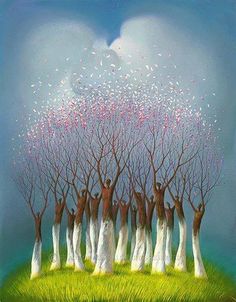 a painting of trees with white dresses and pink flowers