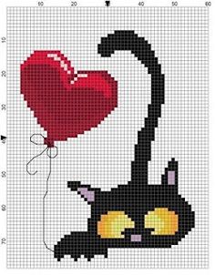 a cross stitch pattern with a black cat holding a red heart on it's tail