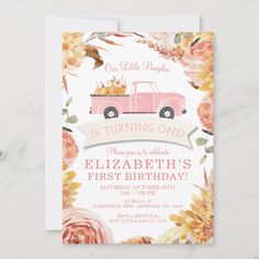 a pink truck with flowers is on the way baby shower party card, it's ready to be delivered