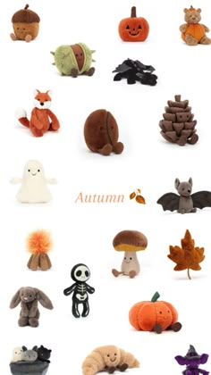 an assortment of stuffed animals and pumpkins on a white background with the words autumn written below them