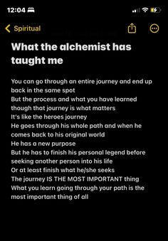 a text message with the caption'what the alchemist has taught me '