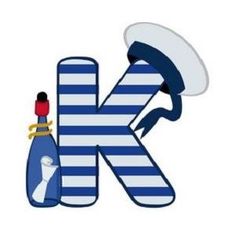 the letter k is made up of blue and white striped letters with a bird on top