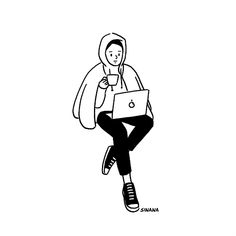 a person sitting on the ground with a laptop computer in their lap and holding a backpack