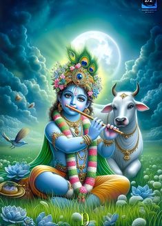 the god is sitting in front of a cow and holding a flute with his hands