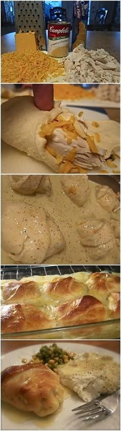 three different views of food being prepared in the oven