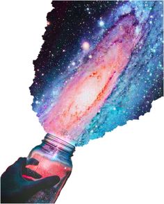 a hand holding a glass jar filled with liquid in front of a colorful galaxy background