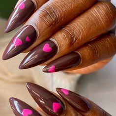 Brown And Pink Valentines Nails, Chocolate Valentines Nails, Valentines Nails Brown, 2024 Valentines Nails, Brown Valentines Nails, Megan Nails, Brown Nail Ideas, Nail Ideas For Fall, Silhouette Nails