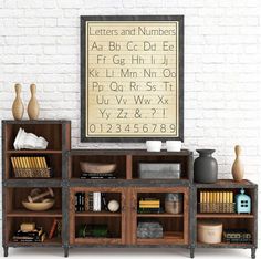 an old fashioned bookcase with letters and numbers on it