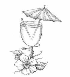 a drawing of a wine glass with an umbrella and flowers on the table next to it