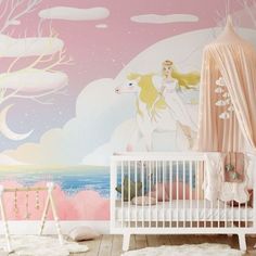 a baby's room with a wall mural and crib in the foreground