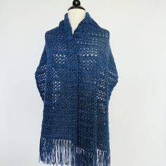 "Simply elegant shawl done in a lattice design. The color is unique as it is a dark blue color thread twisted together with a light blue thread. This wrap measures approximately 16\"x59\" without fringe and 16\"x70\" with fringe. This shawl would definitely add class to a dress or sweater. It would even look great with jeans. There are more color choices for this style shawl in my shop. https://www.etsy.com/shop/KnitKnacksCreations?section_id=11866320&ref=shopsection_leftnav_3 This shawl is Blue Crochet Shawl One Size, Blue Crochet Yarn Shawl, Crochet Prayer Shawls, Elegant Shawl, Prayer Shawl, Winter Shawl, Lattice Design, Wedding Shawl, Accessories Wedding