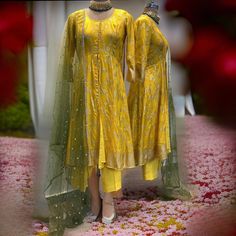 Yellow Banarasi Punjabi suit Anarkali Women ready to wear slit Kurta shalwar set