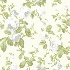 a white rose wallpaper with green leaves and flowers on it's back side