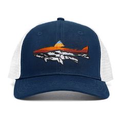 a blue and white trucker hat with an image of a fish on it