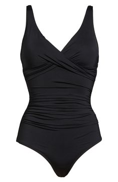 Attract attention in this shapely, full-coverage one-piece designed with a V-neck and flattering front ruching. Full back coverage V-neck Convertible, adjustable straps Lined 85% recycled nylon, 15% elastane Hand wash, dry flat Imported Black One Piece Bathing Suit, Cute One Piece Swimsuits, Swimsuit Inspo, Swimsuits Outfits, Black One Piece Swimsuit, Cute Swimsuits, Simple Trendy Outfits