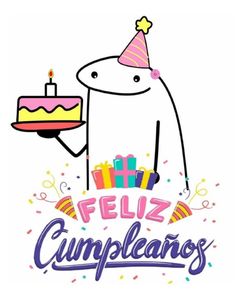 a cartoon bear holding a birthday cake with candles on it's side and the words feliz cumpleanos written below