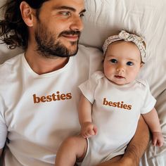 Besties Matching Shirts.  The perfect gift for a new dad or veteran daddio on Father's Day, Dad's birthday, Christmas, or even just for a cute family photo opportunity! The Details: * Professionally printed, Made to last * Printed with eco-friendly inks * 100% cotton for the softest feel imaginable (sweatshirts are cotton/polyester) * Check size charts in the photos to ensure an accurate fit Production + Shipping: * Allow 2-7 days for production * Allow 3-5 business days for shipping * We ship w Cute Family Photos, Photo Opportunity, New Dad Gift, Dad's Birthday, Family Tees, First Fathers Day, Gifts For New Dads, Matching Tees, Grandma And Grandpa